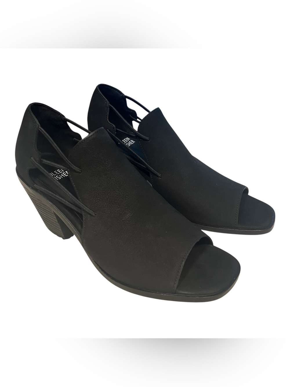 Eileen Fisher Nikki Black Nubuck Leather Sz 8.5 Peep Toe Cutout Heel Sandal EUC
